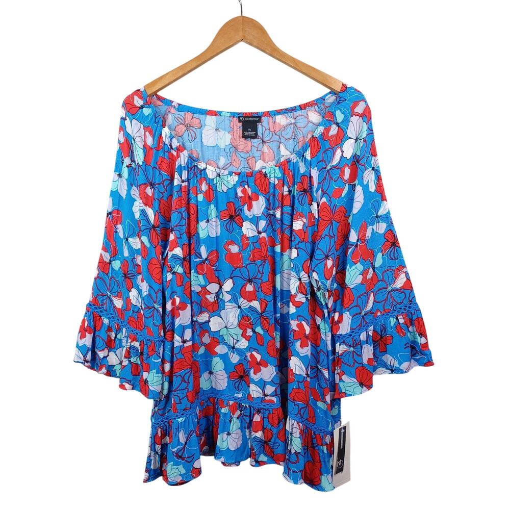 New Directions Tunic Top Size XL Crochet 3/4 Bell Sleeve Floral Boho Peasant